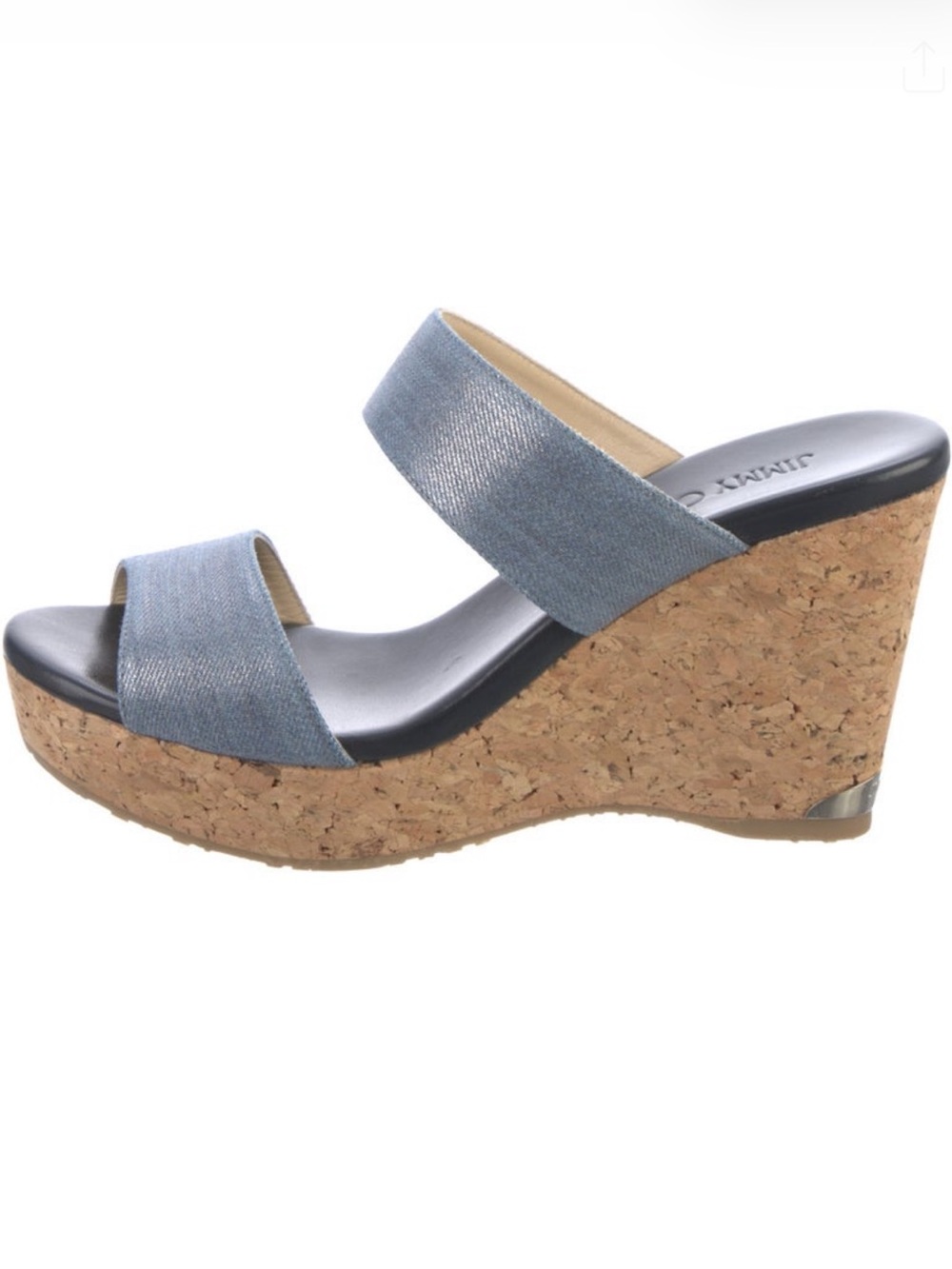 Jimmy Choo Light Blue Denim Double-Strap Cork Wedge Slides